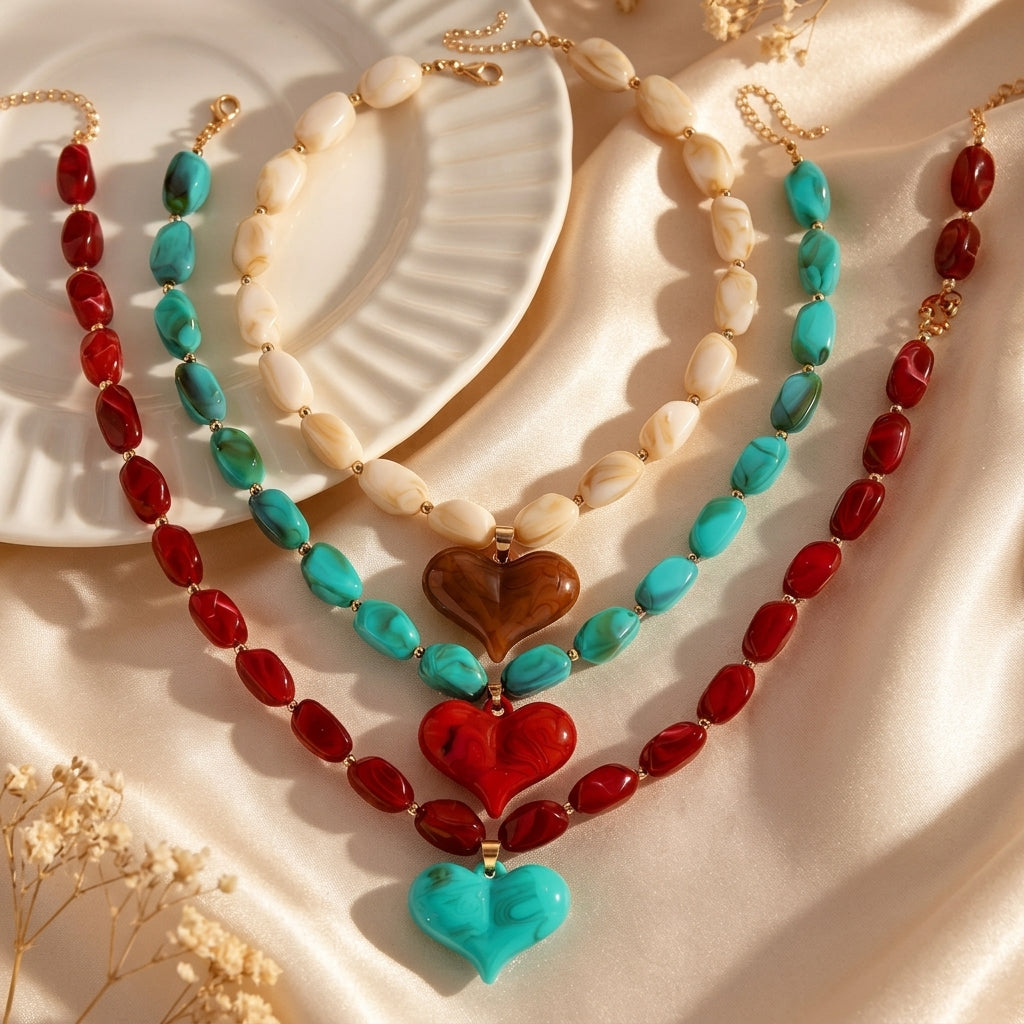 Chunky Resin Stone & Heart Necklace