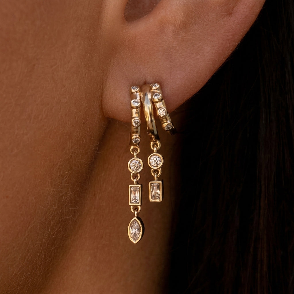 14k Triple Geometric Huggie Dangle Earrings