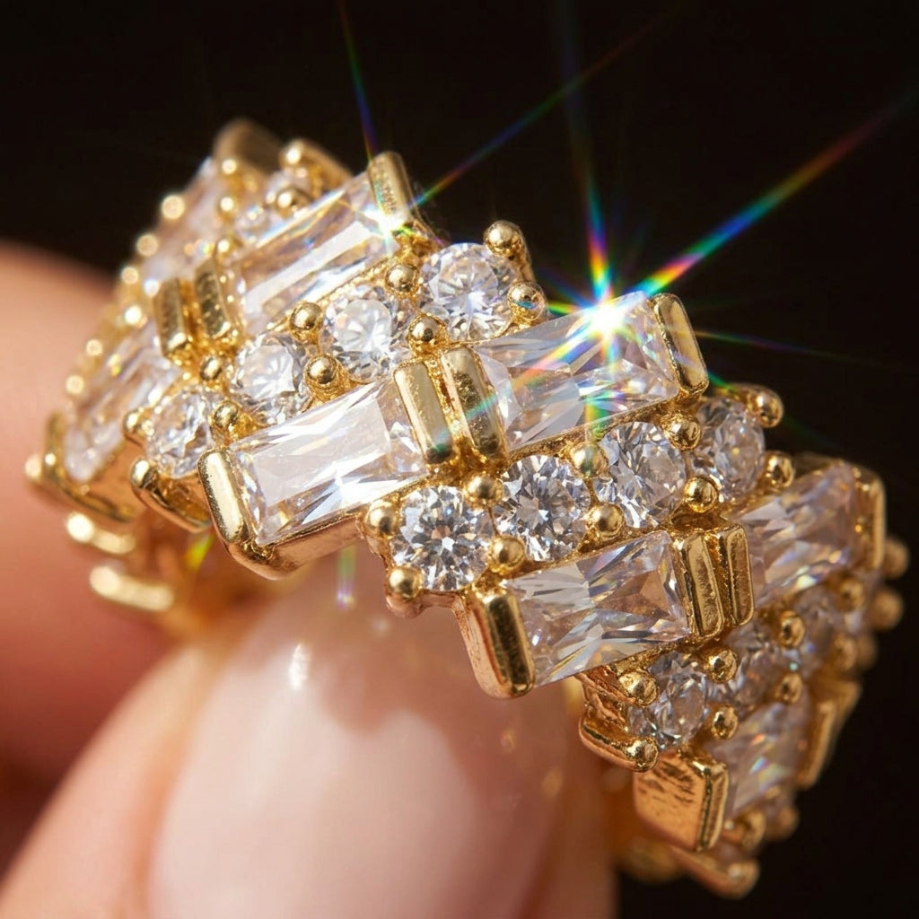 Geometric Baguette & Round CZ Accented Ring