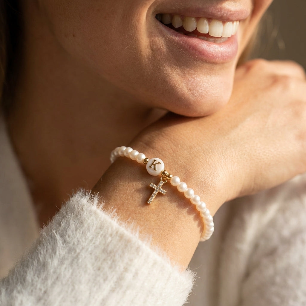 Beaded Pearl & Cross Letter Initial Bracelet