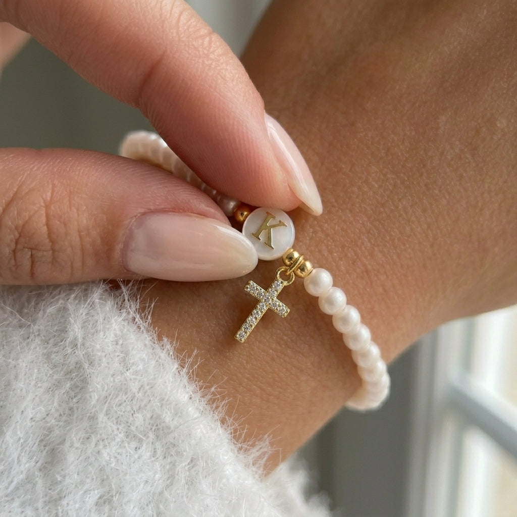 Beaded Pearl & Cross Letter Initial Bracelet