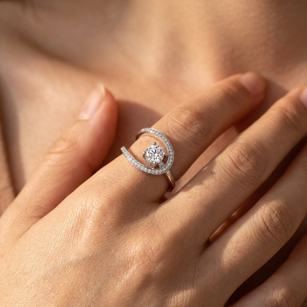 Elegant Curved Halo Solitaire Ring