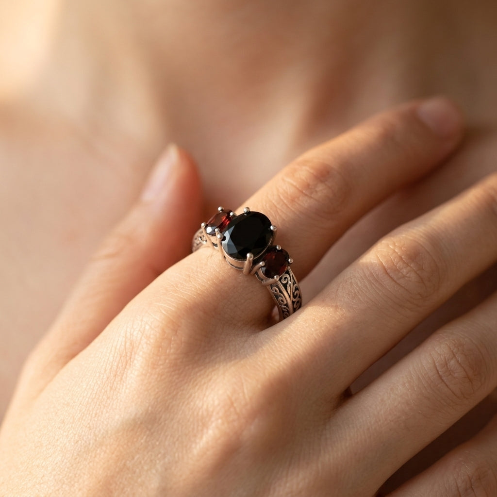 Onyx & Red Triple Stone Set Ring