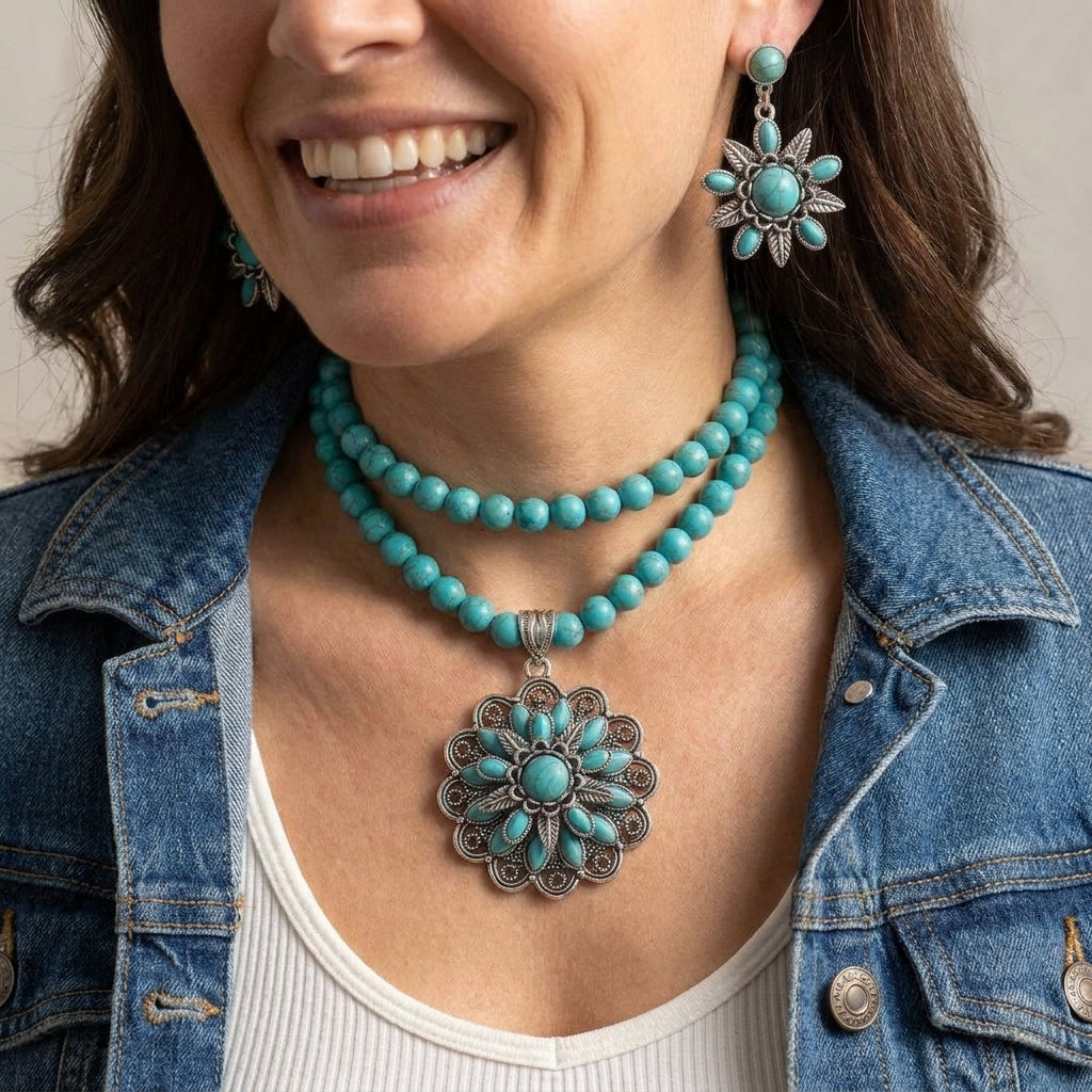 Boho Turquoise Floral Necklace and Earrings Set
