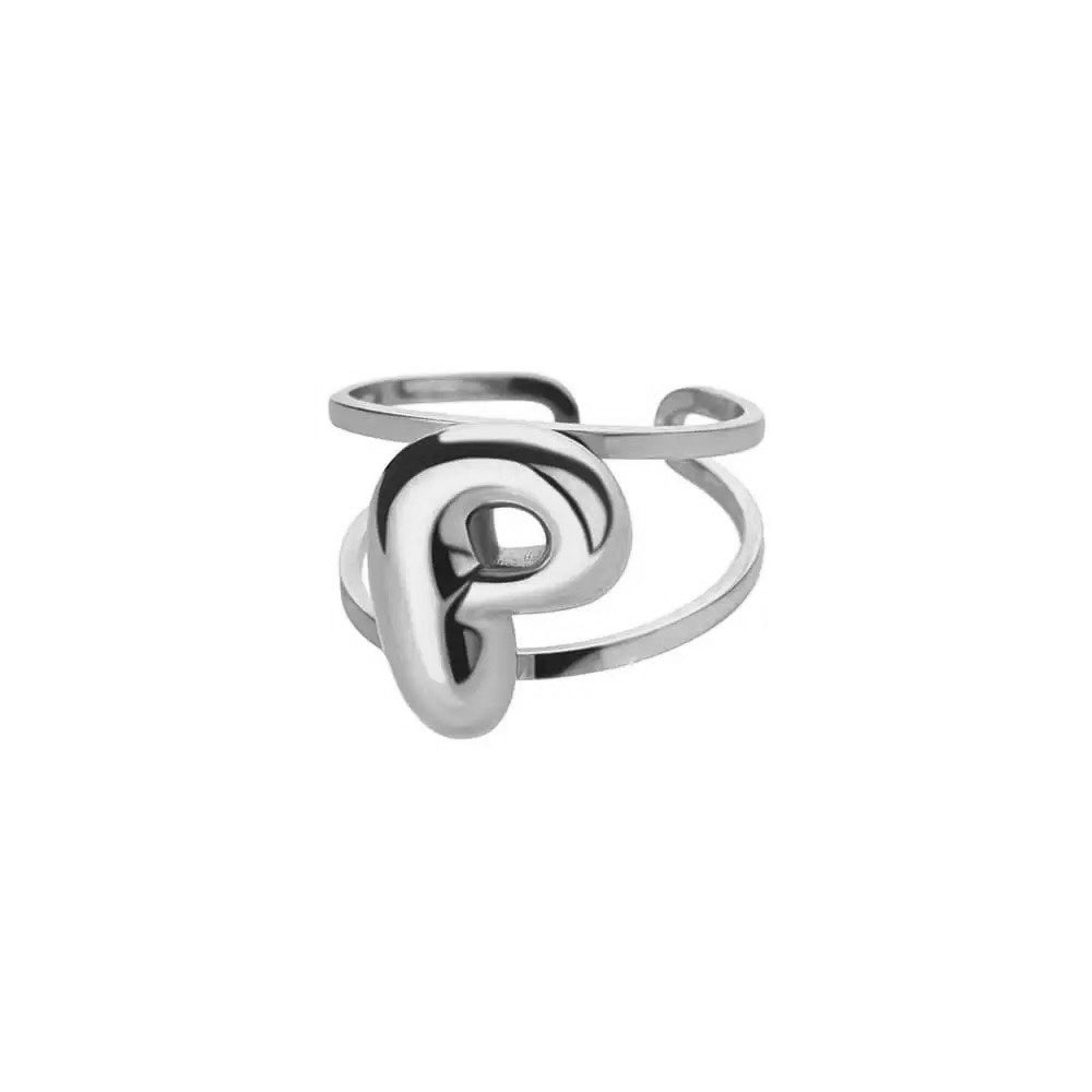 Adjustable Open Band Bubble Letter Initial Ring - Veinci