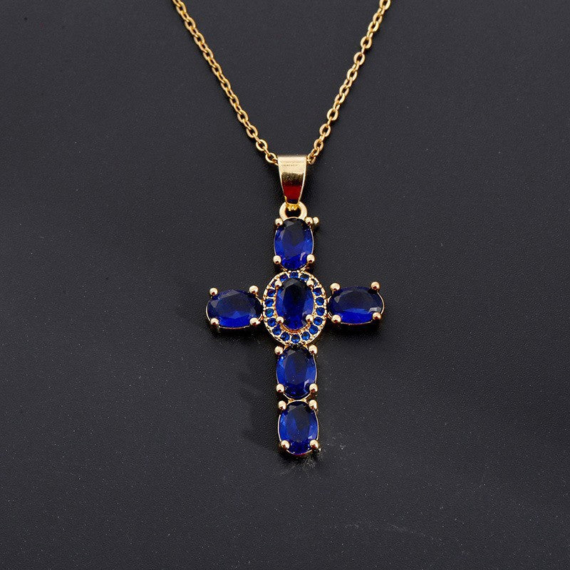 Dainty Colorful Gem Set Cross Necklace