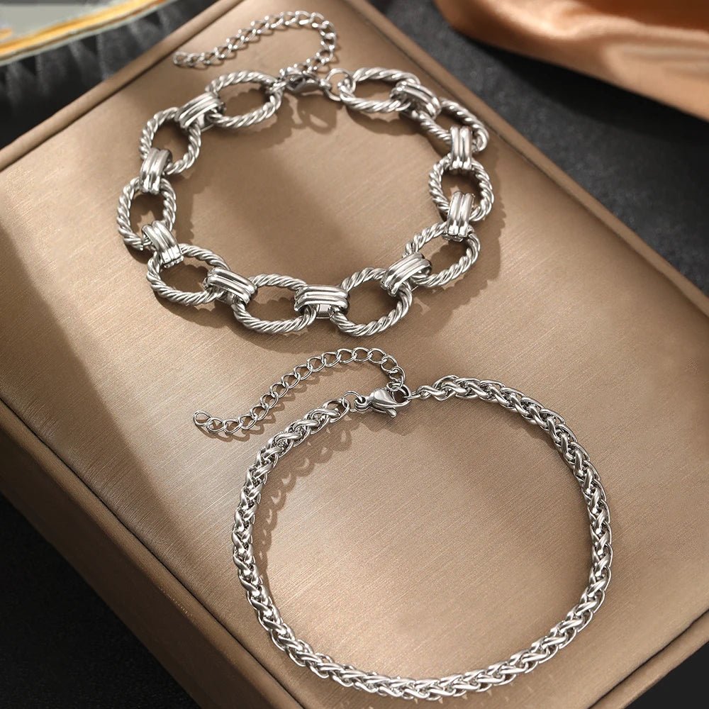 Chunky Paperclip & Weave Chain Bracelet Set - Veinci