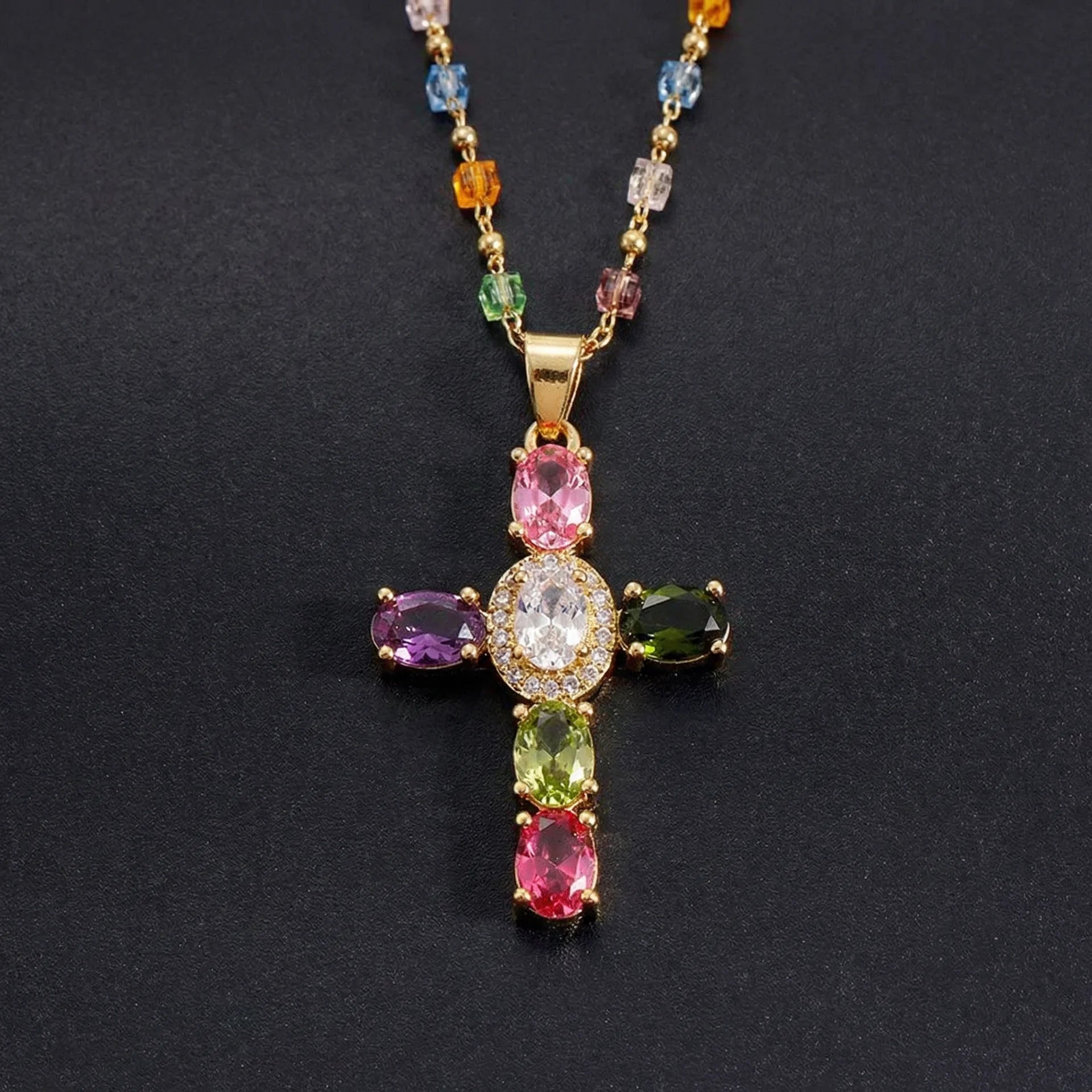 Dainty Colorful Gem Set Cross Necklace
