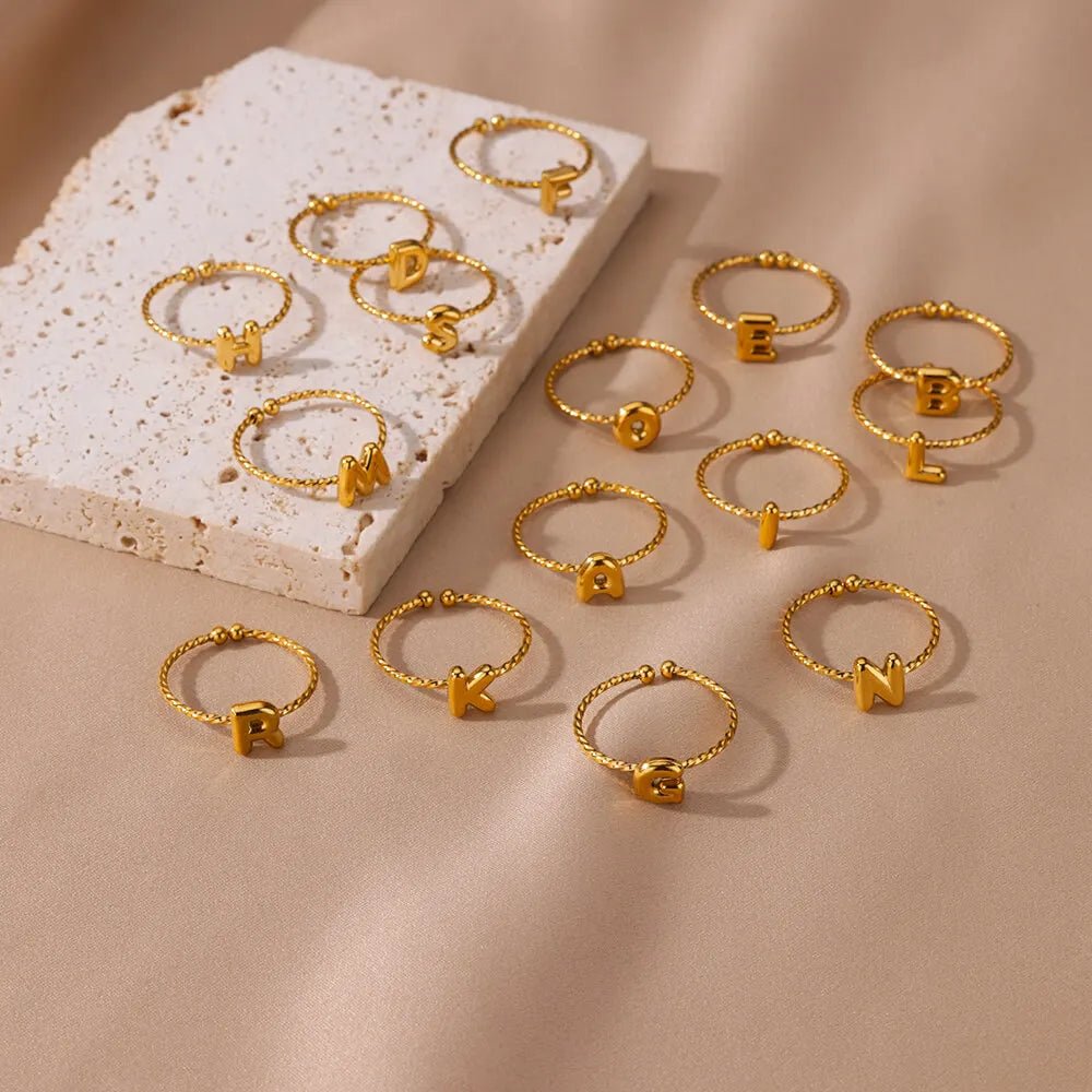 Dainty Adjustable Bubble Letter Initial Ring - Veinci