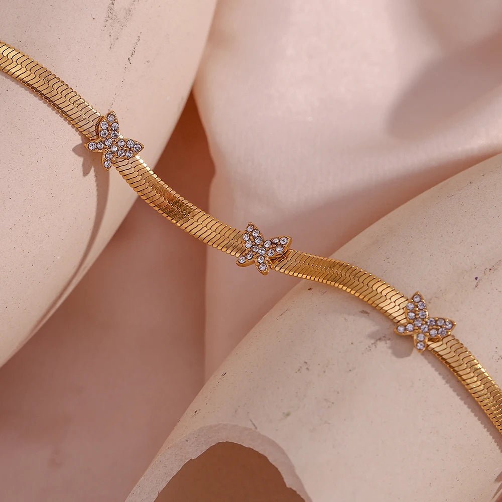 Dainty Diamond Butterfly Herringbone Necklace - Veinci