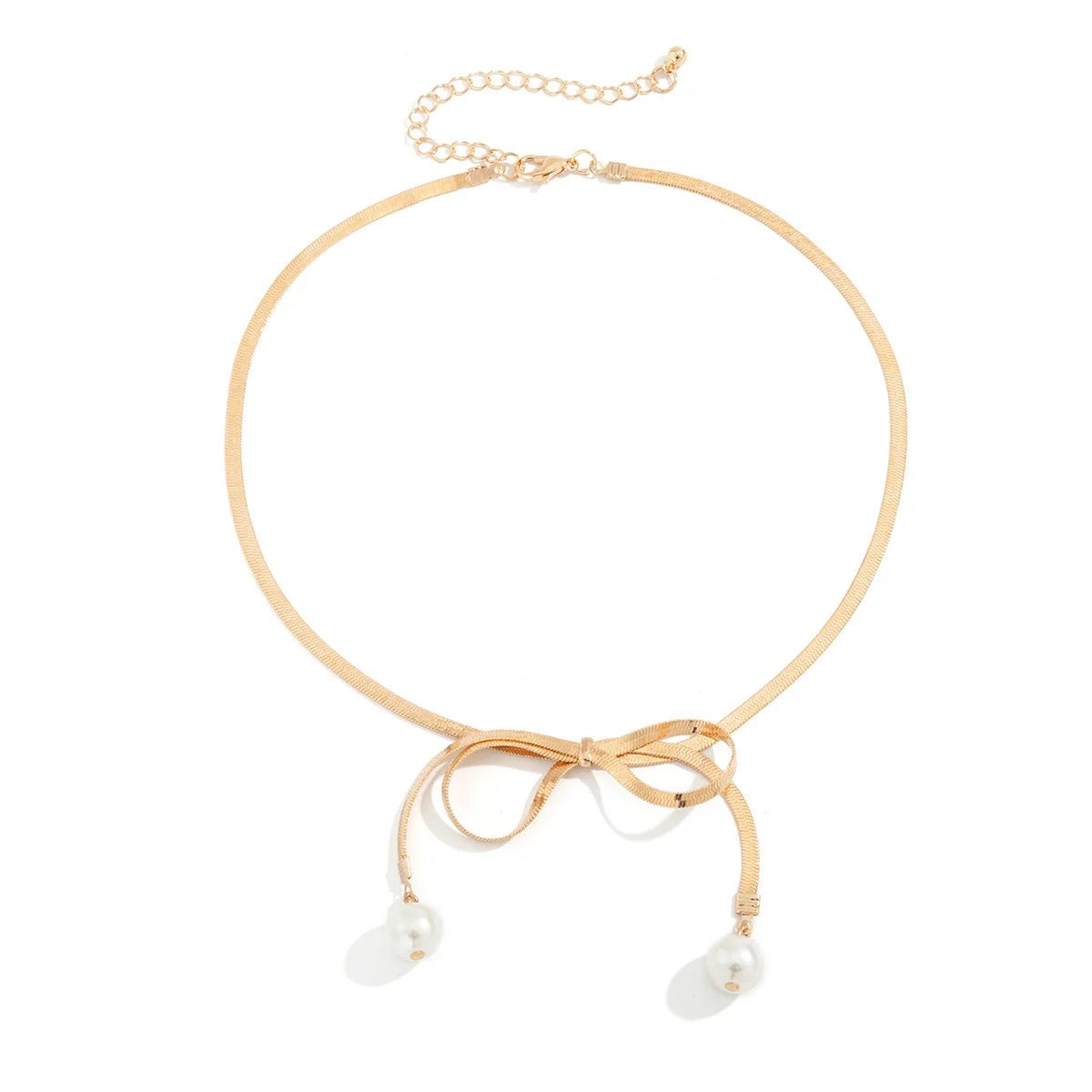Dainty Herringbone Pearl Bow Necklace - Veinci