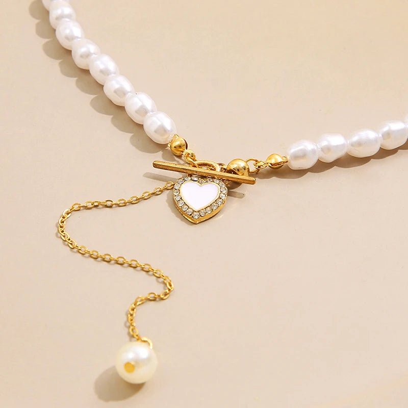 Dainty Pearl Drop Heart Clasp Choker Necklace - Veinci
