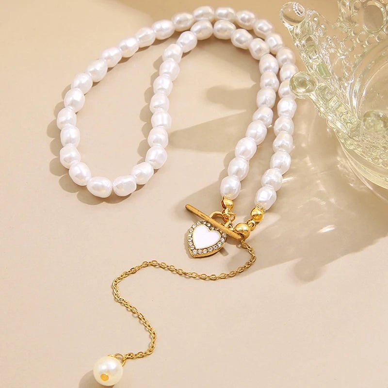 Dainty Pearl Drop Heart Clasp Choker Necklace - Veinci