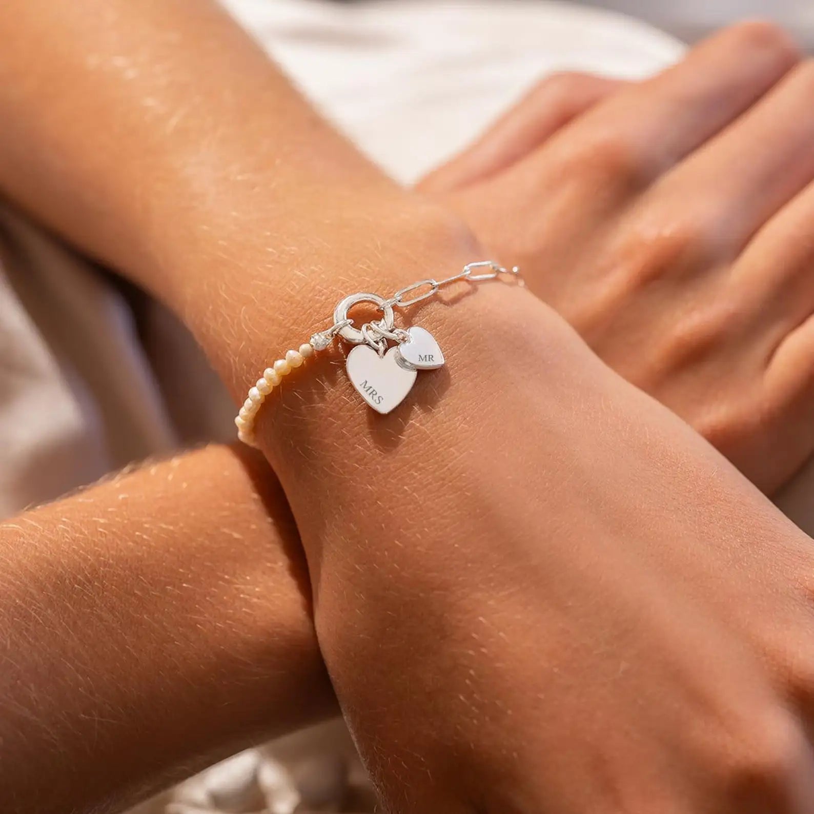 Dainty Personalized Double Heart Pearl Paperclip Chain Bracelet - Veinci