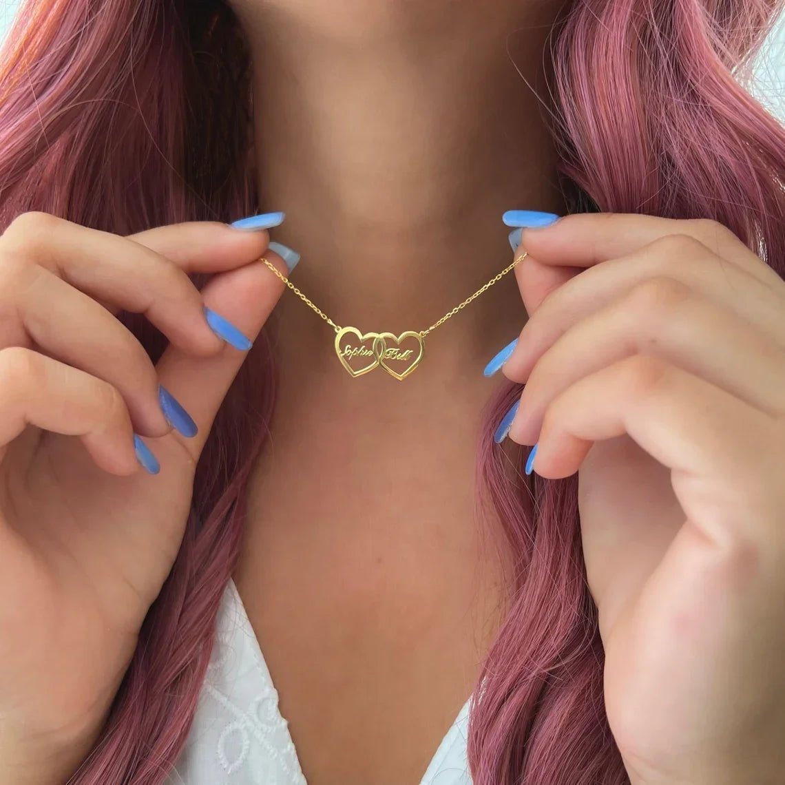 Dainty Personalized Dual Heart Name Necklace - Veinci
