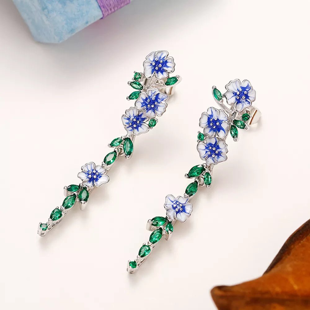 Glossy Blue Floral Dangling Earrings - Veinci