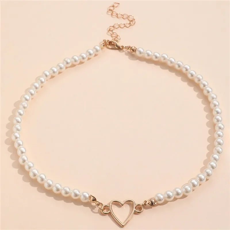Heart Outline Pearl Choker Necklace - Veinci