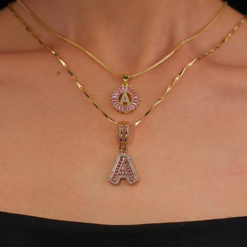2pc 14k Diamond Letter Initial Necklaces (Limited Pink Edition)