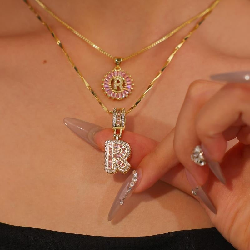 2pc 14k Diamond Letter Initial Necklaces (Limited Pink Edition)