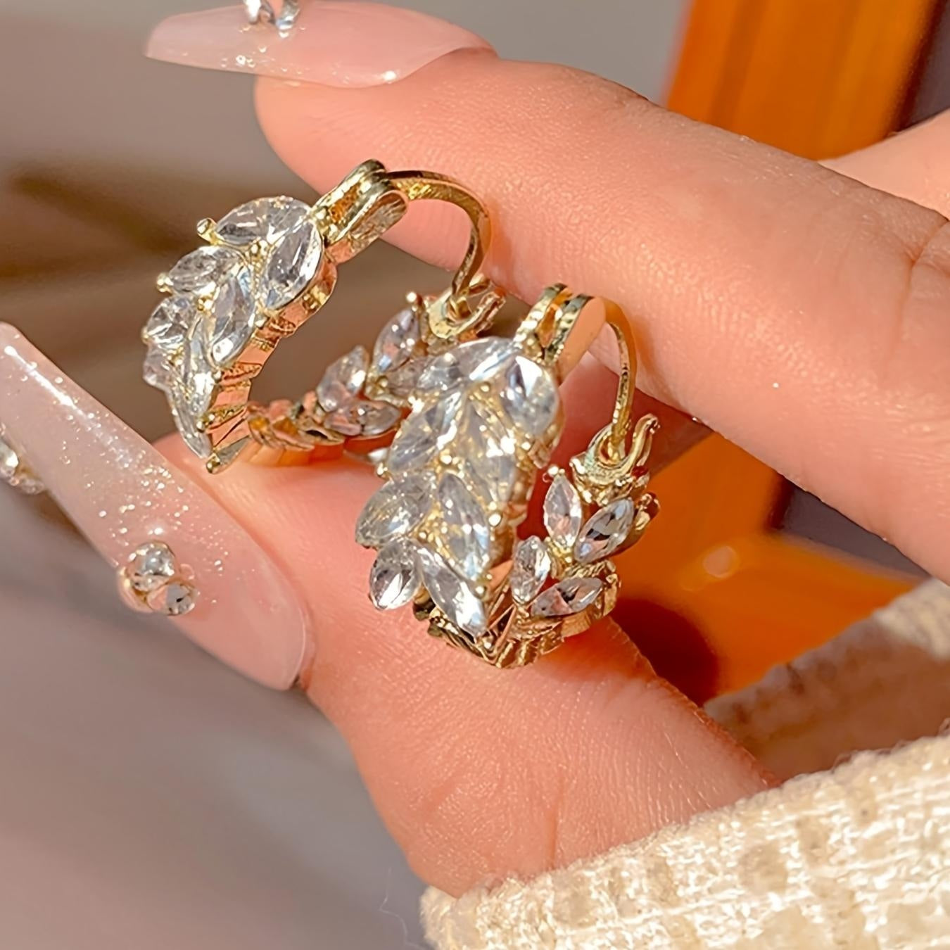Diamond Accented Leaf Designed Hoop Earrings