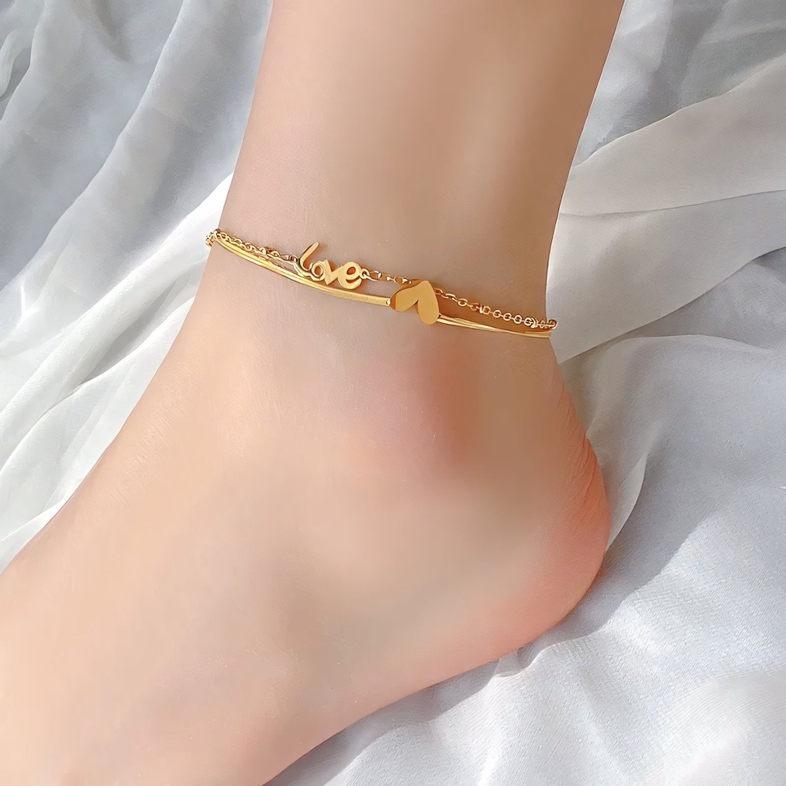 Layered Love Heart Golden Anklet - Veinci