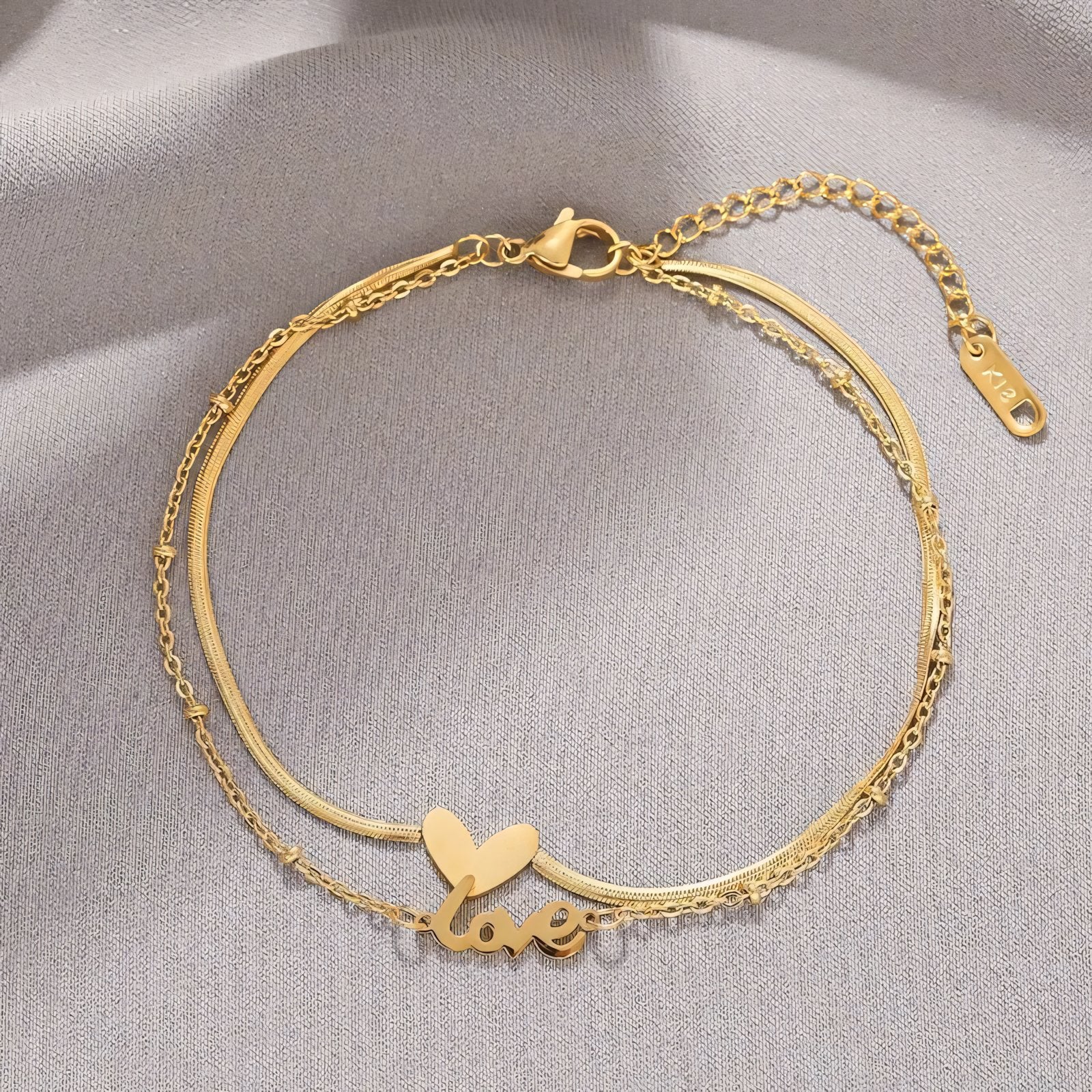 Layered Love Heart Golden Anklet - Veinci