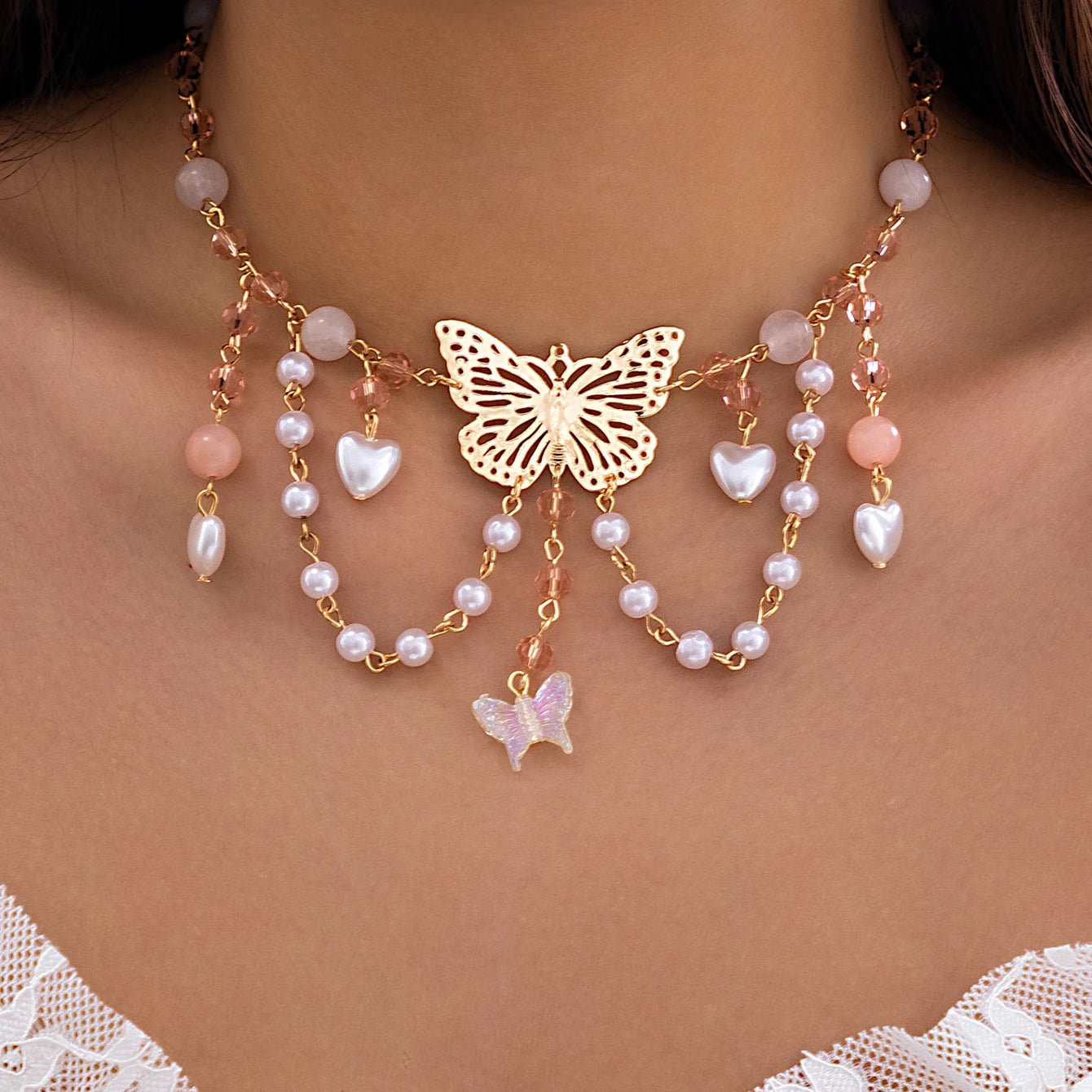 Multi Layered Butterfly Heart Choker Necklace - Veinci