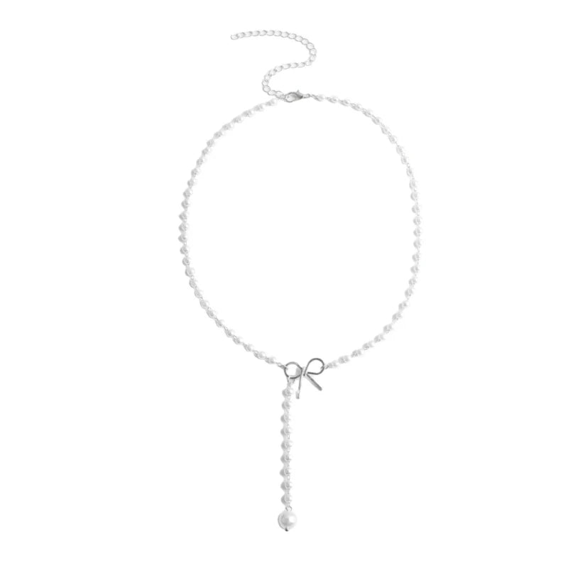 Pearl Dainty Bow Lariat Necklace - Veinci