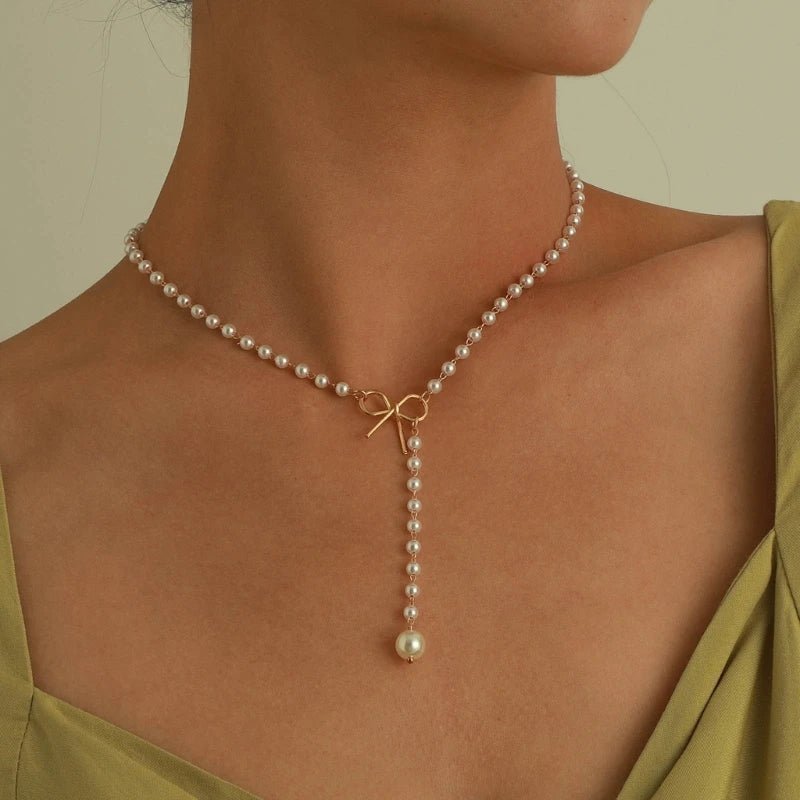 Pearl Dainty Bow Lariat Necklace - Veinci
