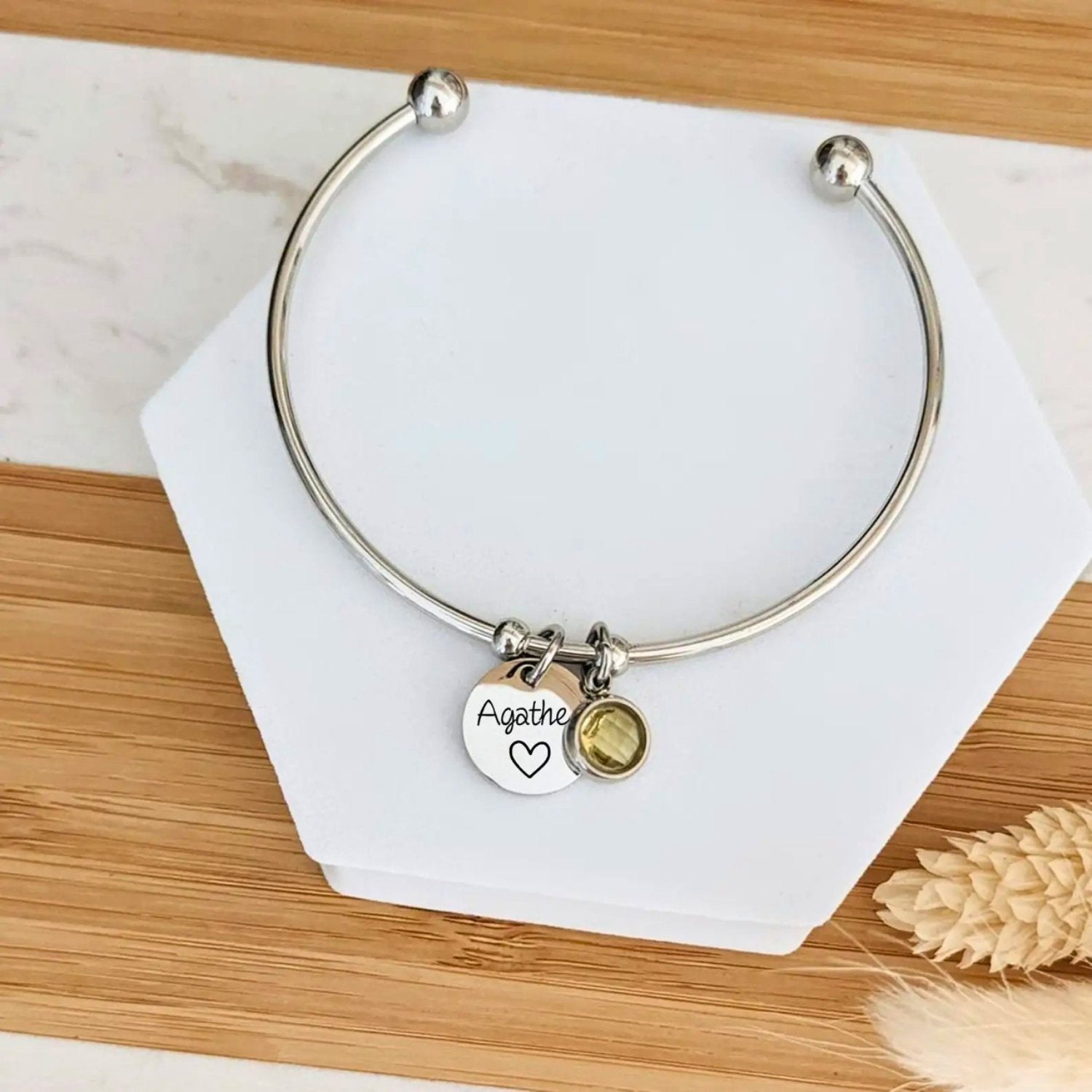 Personalized Name & Birthstone Charm Bangle Bracelet - Veinci