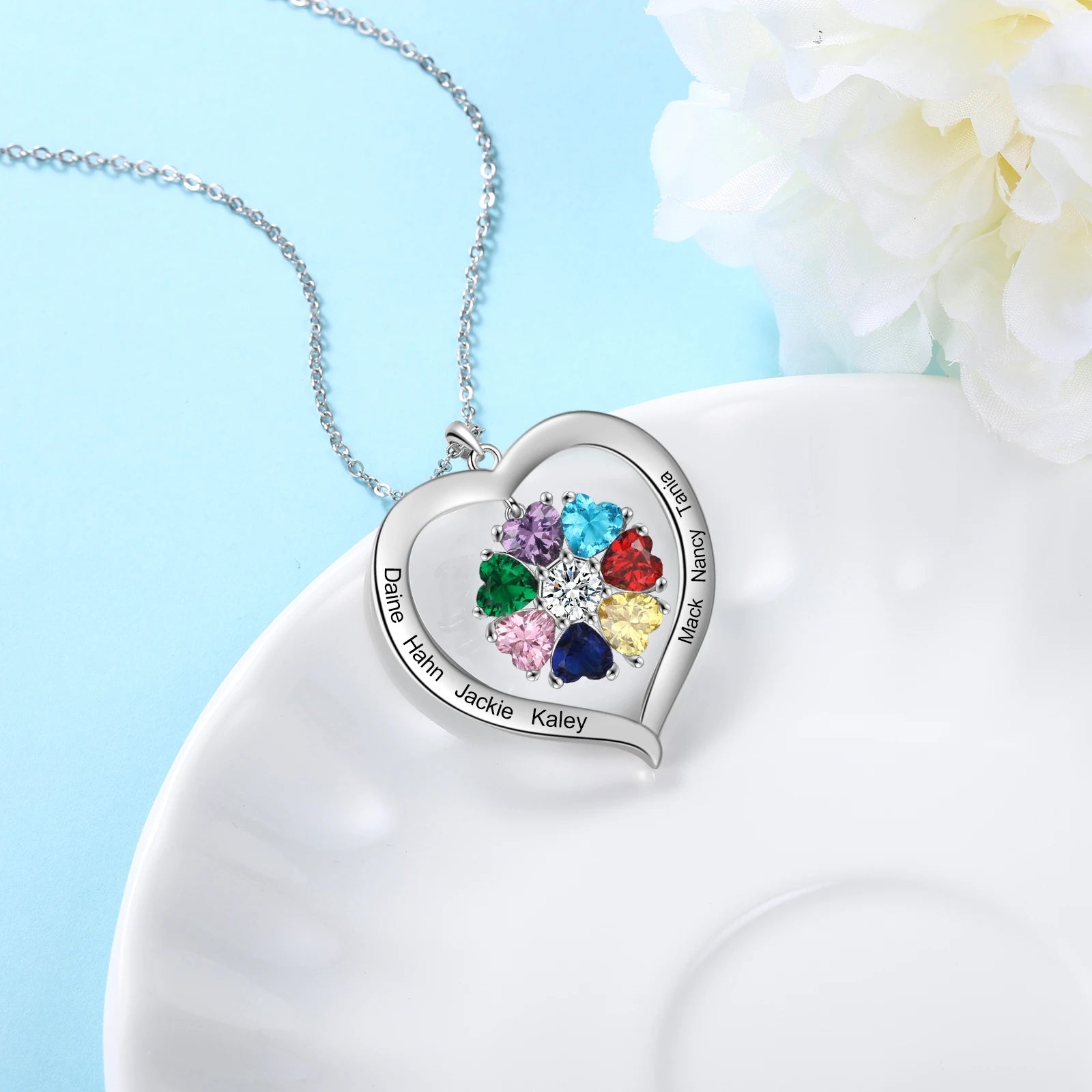 Personalized Name & Birthstone Heart Hanging Pendant Necklace - Veinci