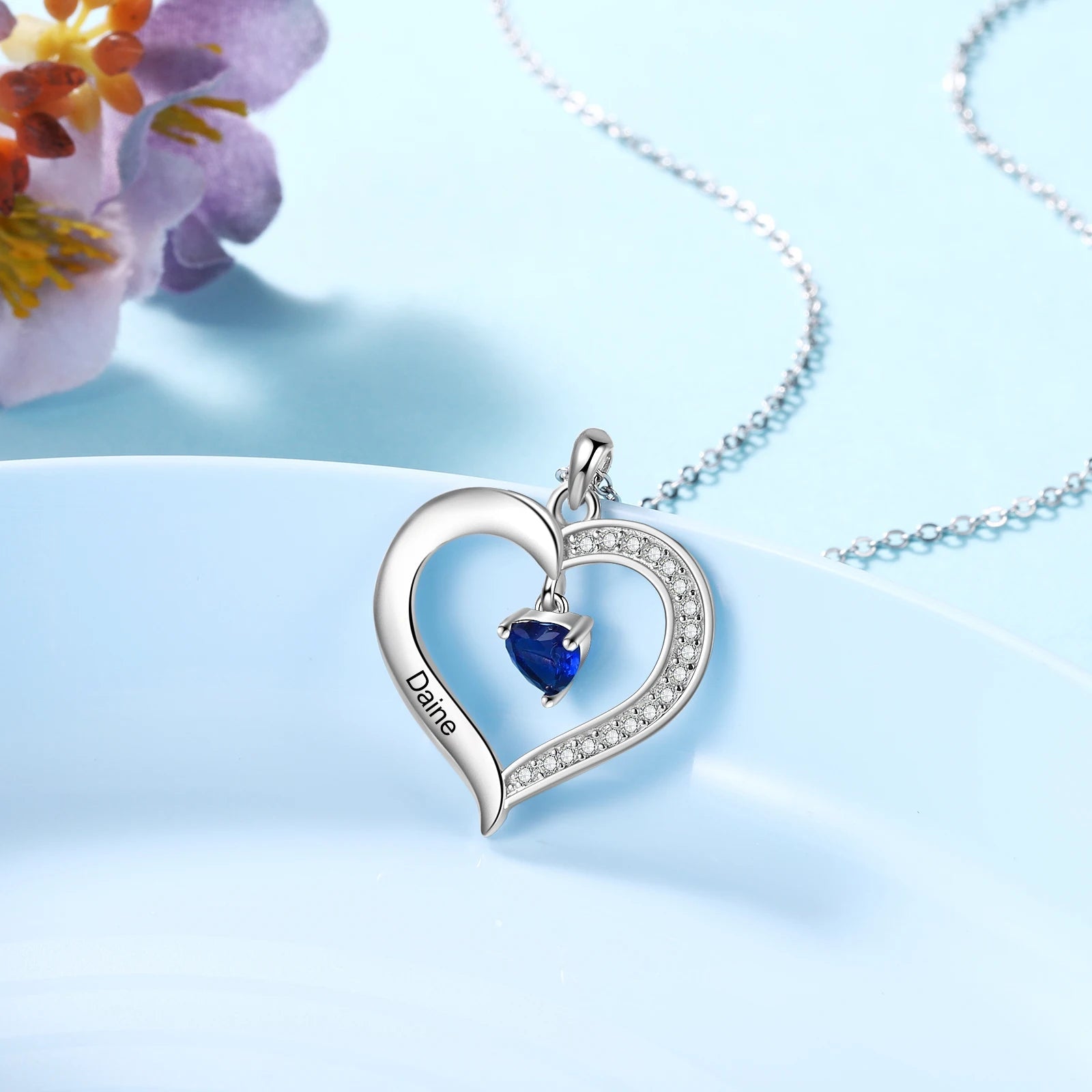 Personalized Name & Birthstone Heart Hanging Pendant Necklace - Veinci