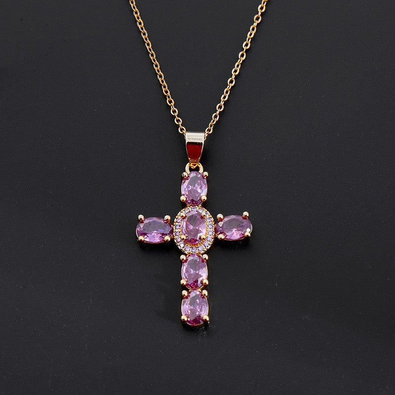 Dainty Colorful Gem Set Cross Necklace