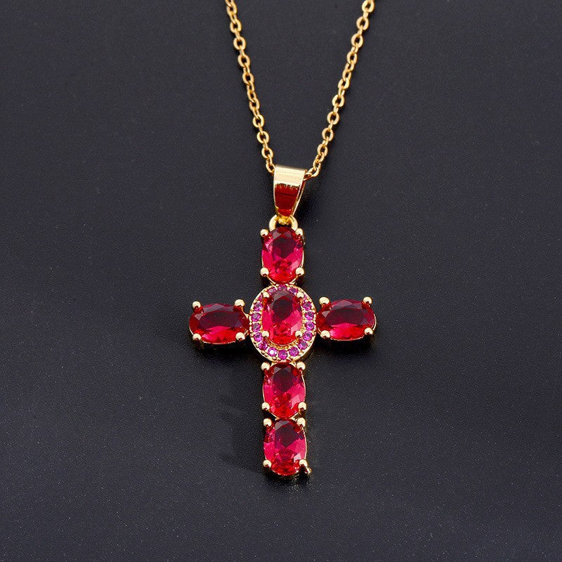 Dainty Colorful Gem Set Cross Necklace