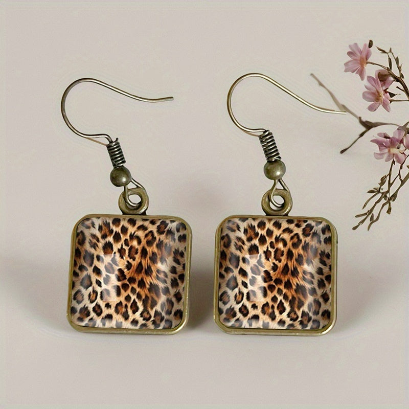 Vintage Leopard Print Square Dangle Earrings