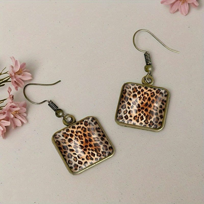 Vintage Leopard Print Square Dangle Earrings