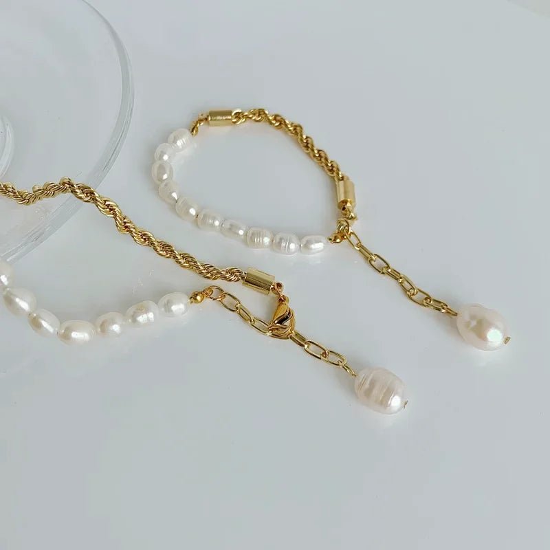 Rope Chain Pearl Contrast Bracelet and Necklace - Veinci