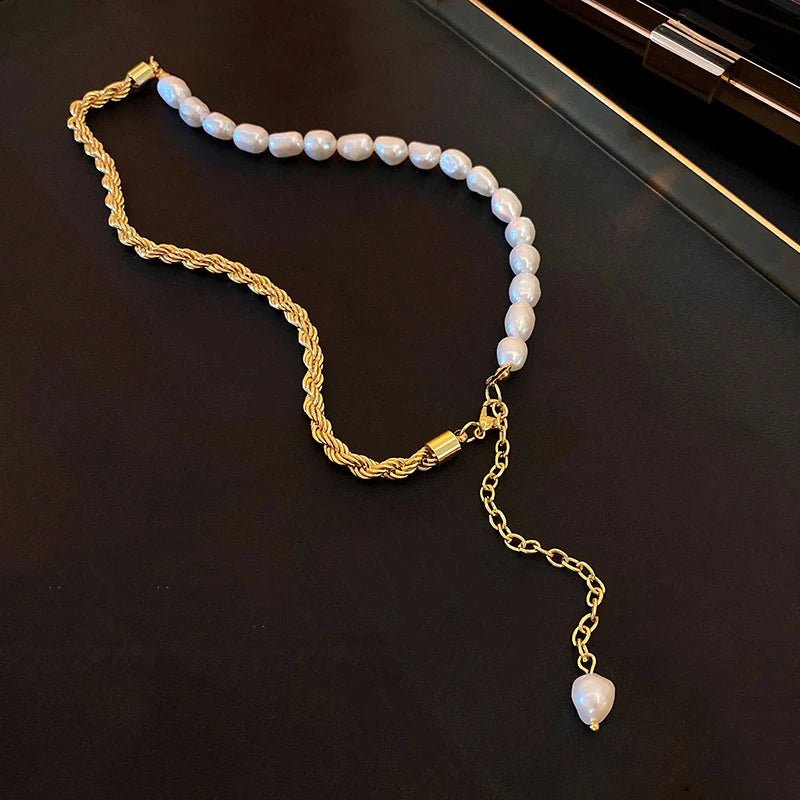 Rope Chain Pearl Contrast Bracelet and Necklace - Veinci
