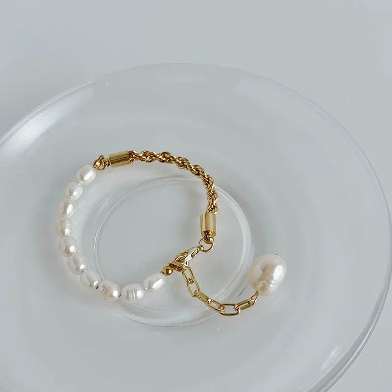 Rope Chain Pearl Contrast Bracelet and Necklace - Veinci