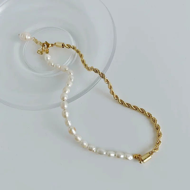 Rope Chain Pearl Contrast Bracelet and Necklace - Veinci