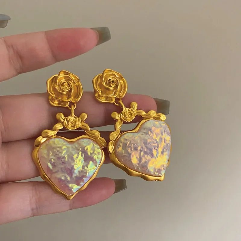 Rose Floral Enamel Heart Earrings - Veinci