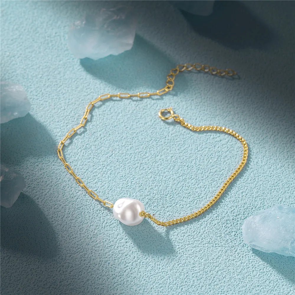 S925 Pearl Dainty Paperclip and Cuban Chain Bracelet - Veinci