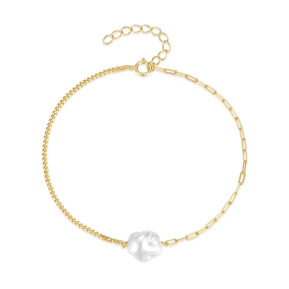 S925 Pearl Dainty Paperclip and Cuban Chain Bracelet - Veinci