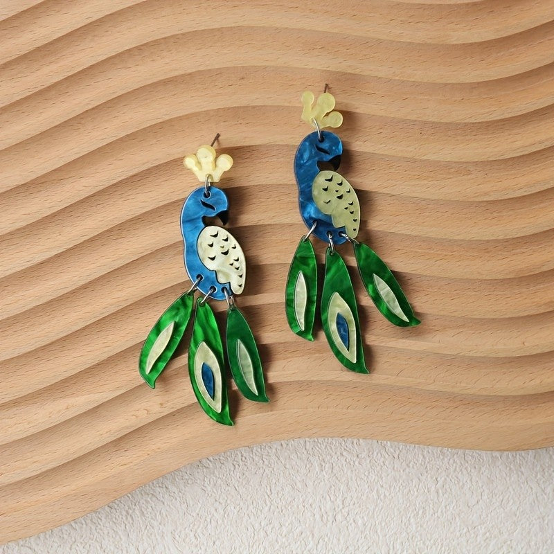 Vintage Acrylic Peacock Dangle Earrings