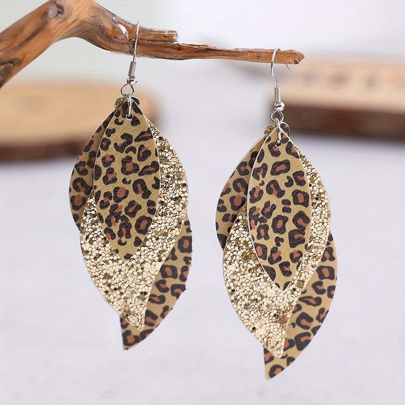 Vintage Leopard Print & Gold Sequin Layered Leaf Earrings