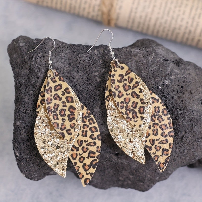 Vintage Leopard Print & Gold Sequin Layered Leaf Earrings