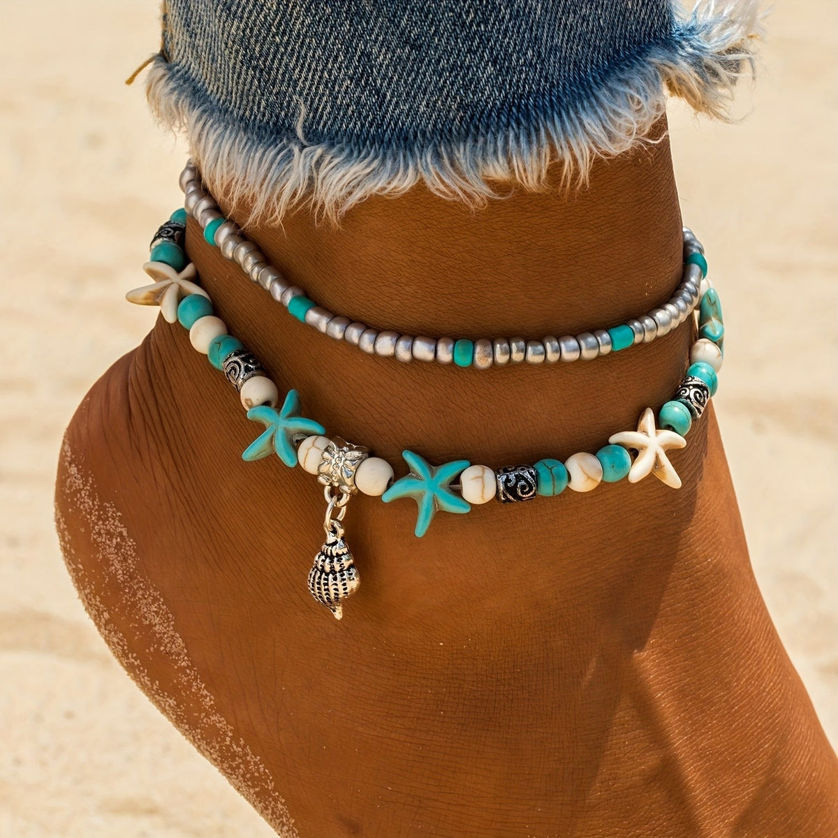 Boho Starfish Shell Anklet Set