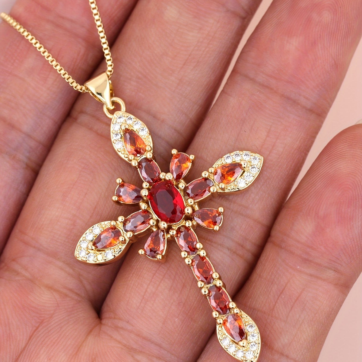 Boho Red Zircon Cross Necklace