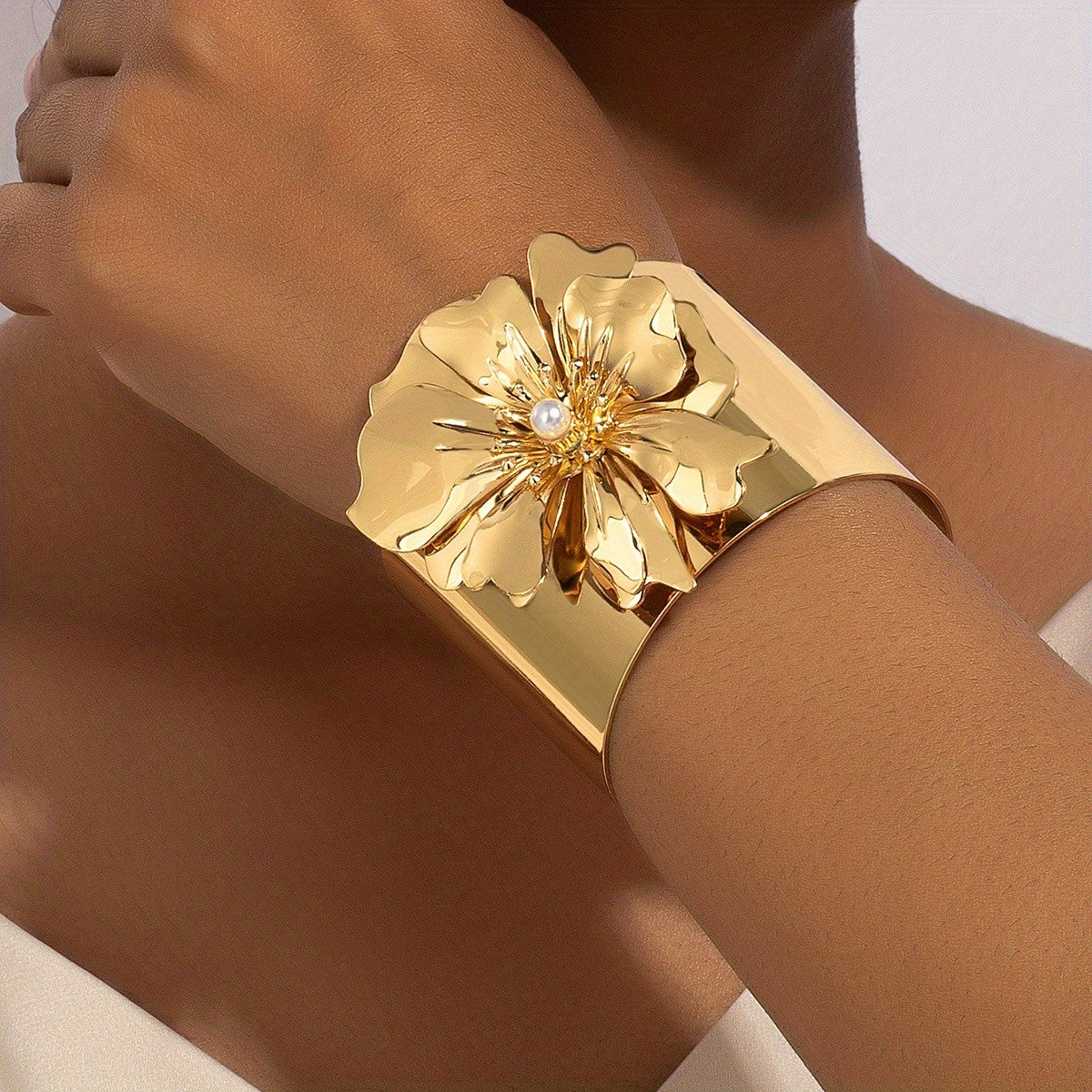 Classy Gold Floral Open Cuff Bracelet