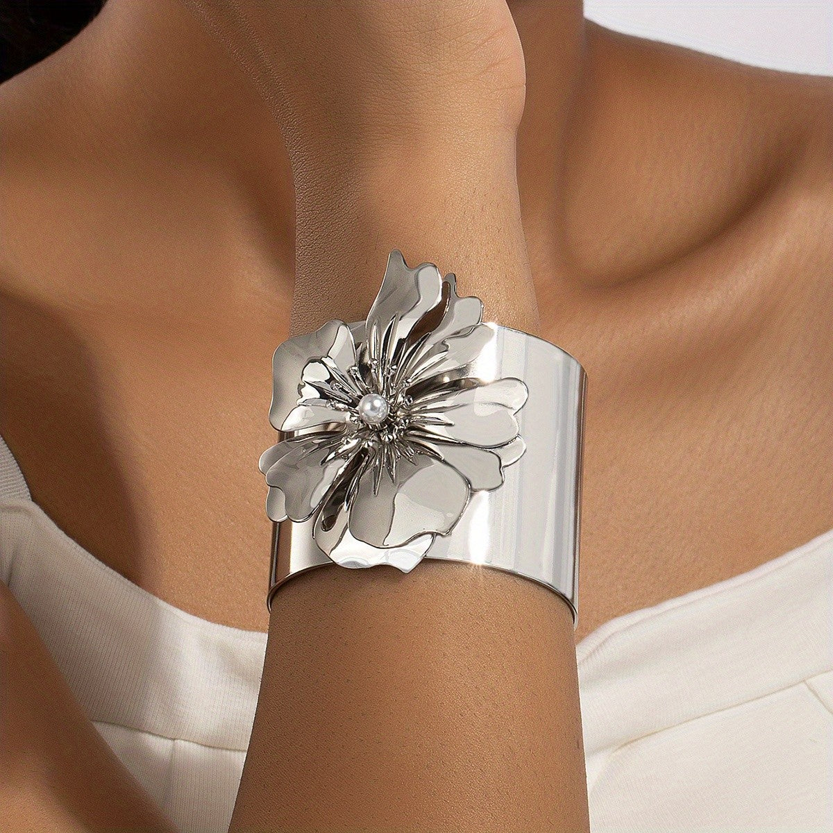 Classy Gold Floral Open Cuff Bracelet